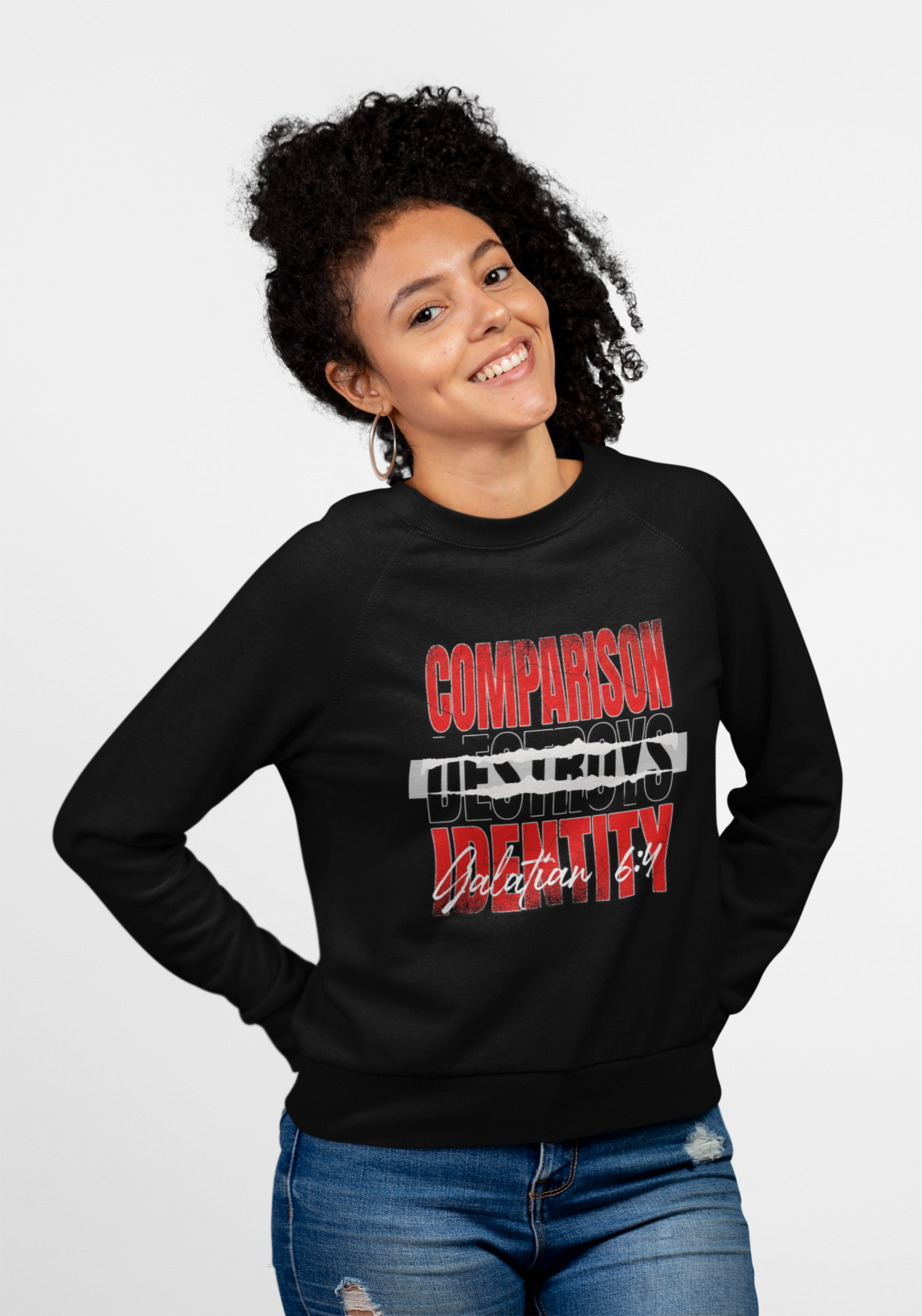 Crewneck Sweatshirt — "Comparison Destroys Identity" Graphic Pullover