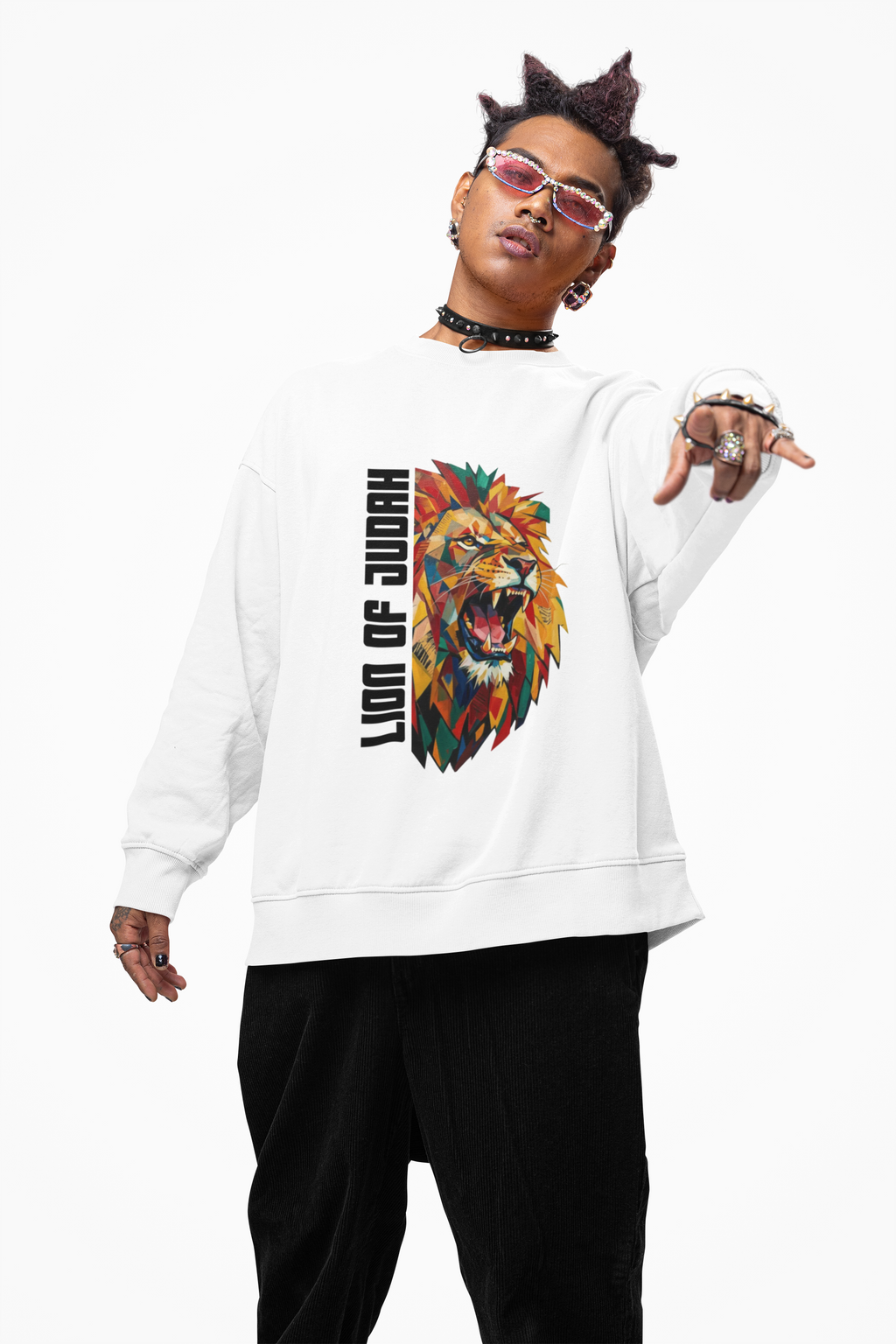Lion of Judah Crewneck Sweatshirt — Colorful Roaring Lion Faith Graphic