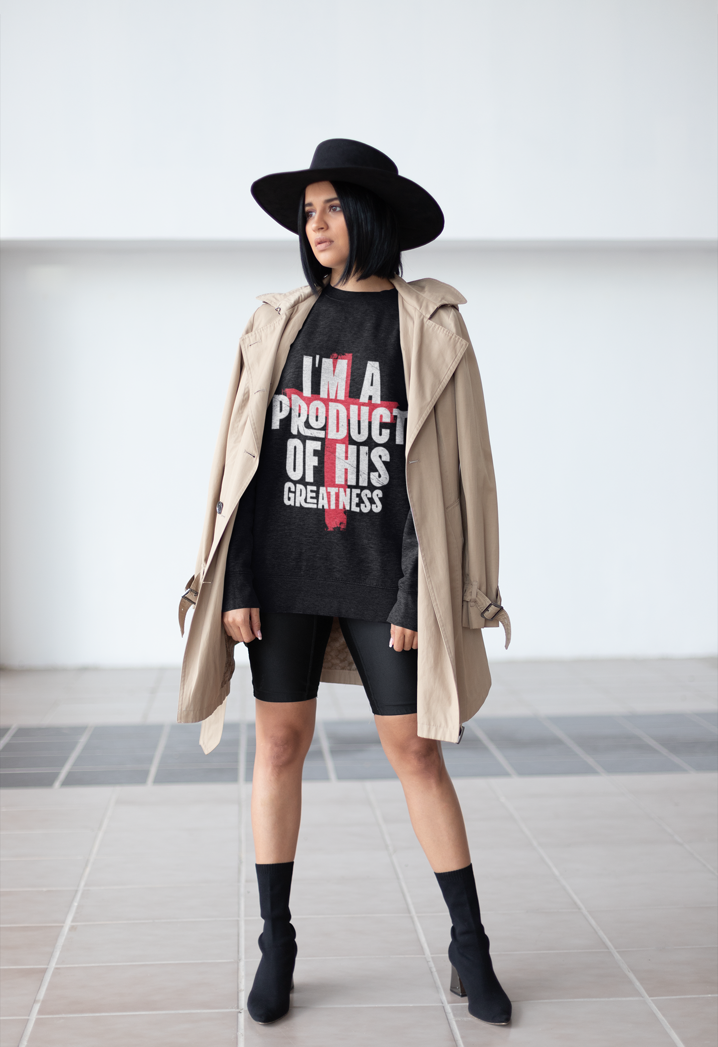 Christian Crewneck Sweatshirt - "I'm A Product Of His Greatness" Cross Design