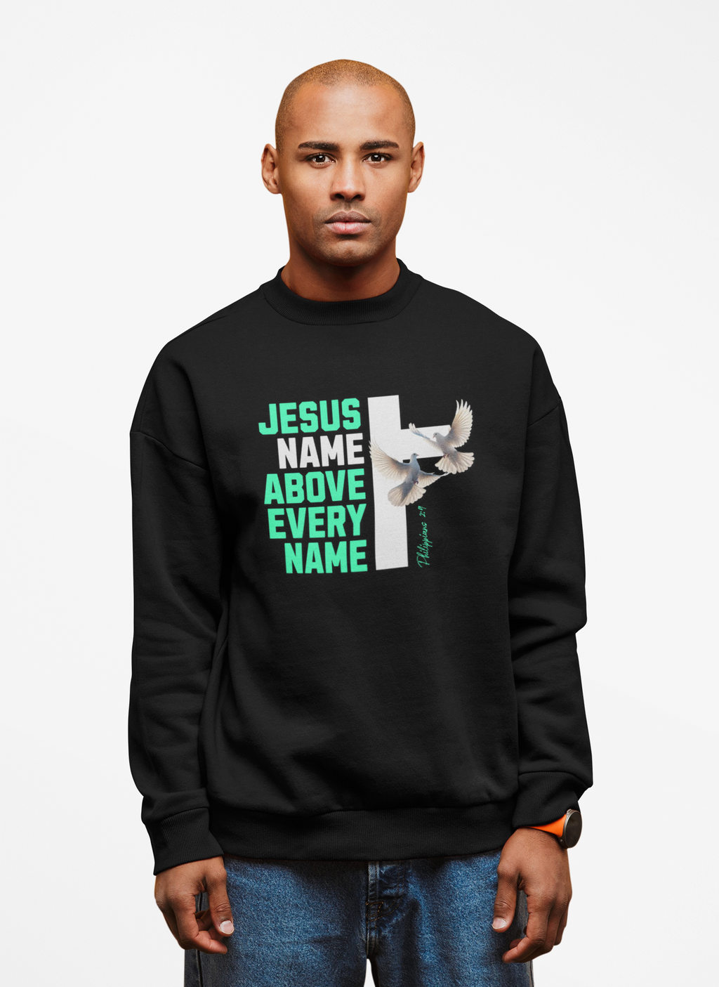 Jesus Name Above Every Name Sweatshirt — Christian Cross & Dove Crewneck