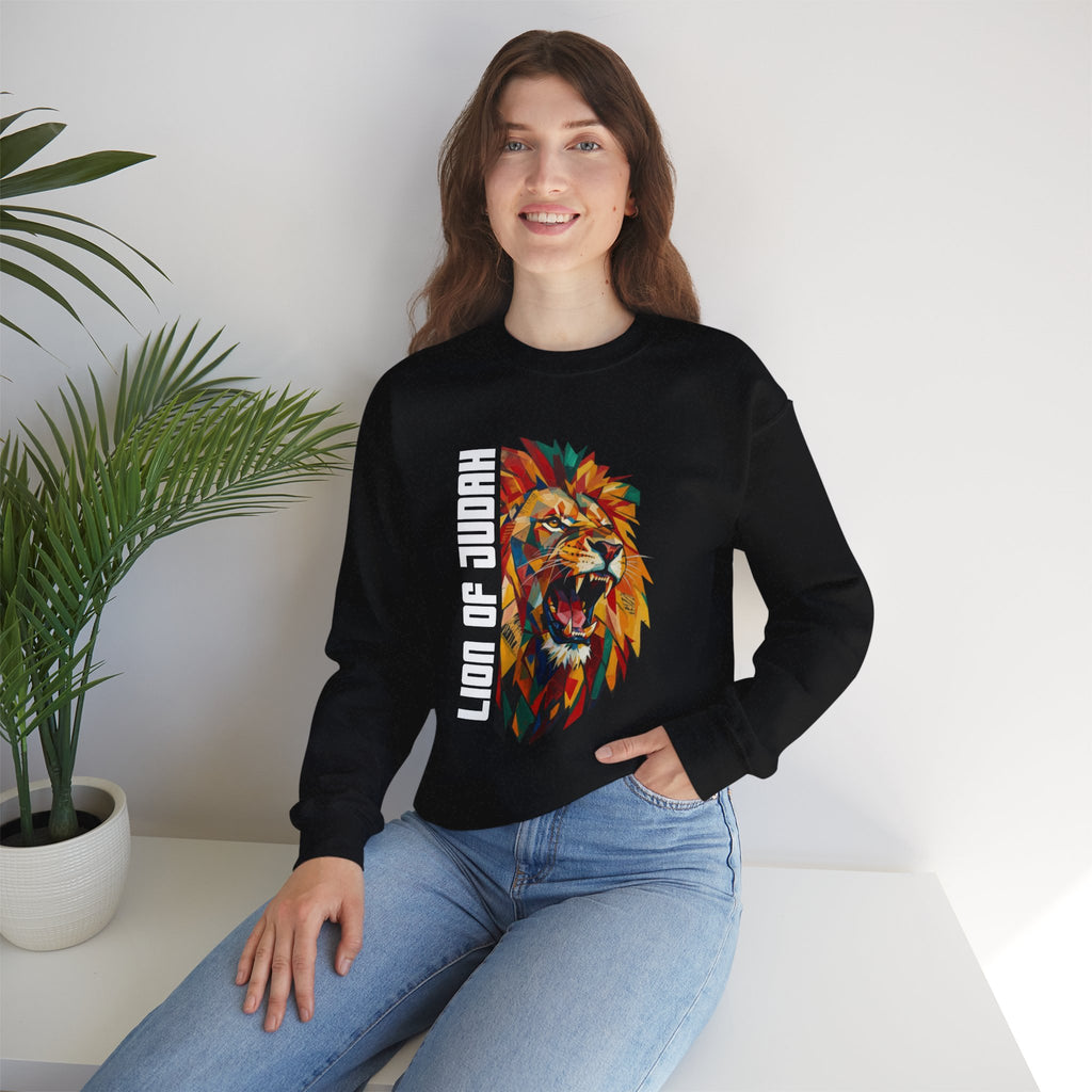 Lion of Judah Crewneck Sweatshirt — Colorful Roaring Lion Faith Graphic