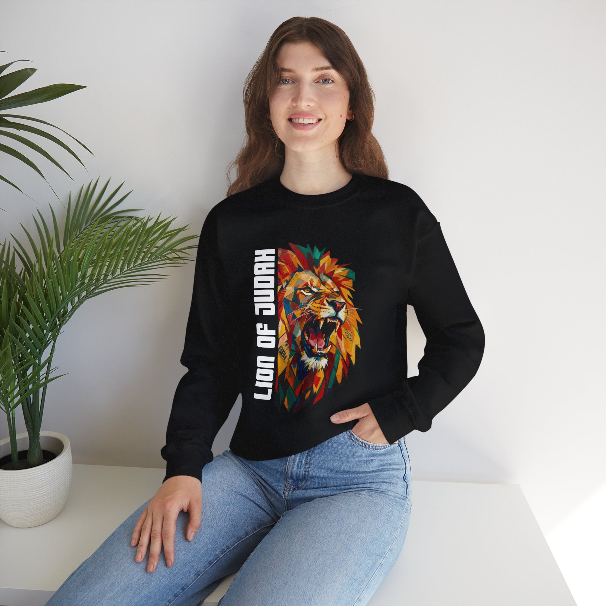 Lion of Judah Crewneck Sweatshirt — Colorful Roaring Lion Faith Graphic