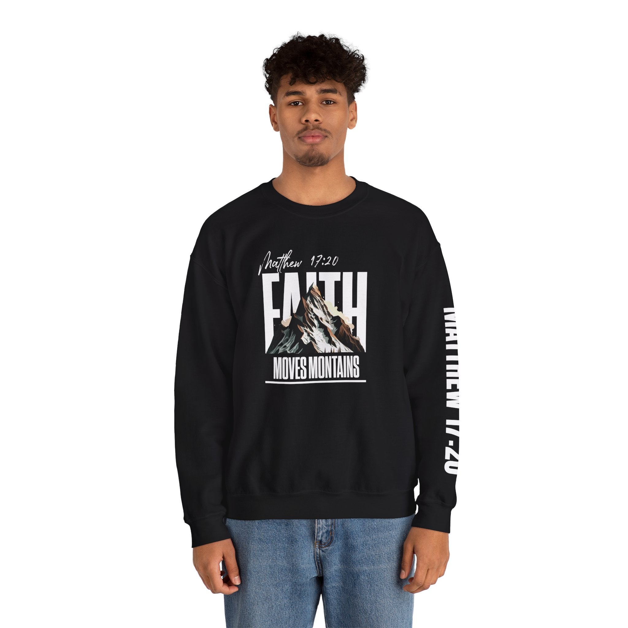 Crewneck Sweatshirt "Faith Moves Mountains" Mountain Graphic — Matthew 17:20 Christian Pullover