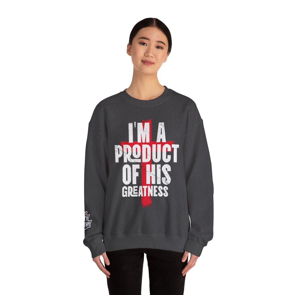 Christian Crewneck Sweatshirt - "I'm A Product Of His Greatness" Cross Design