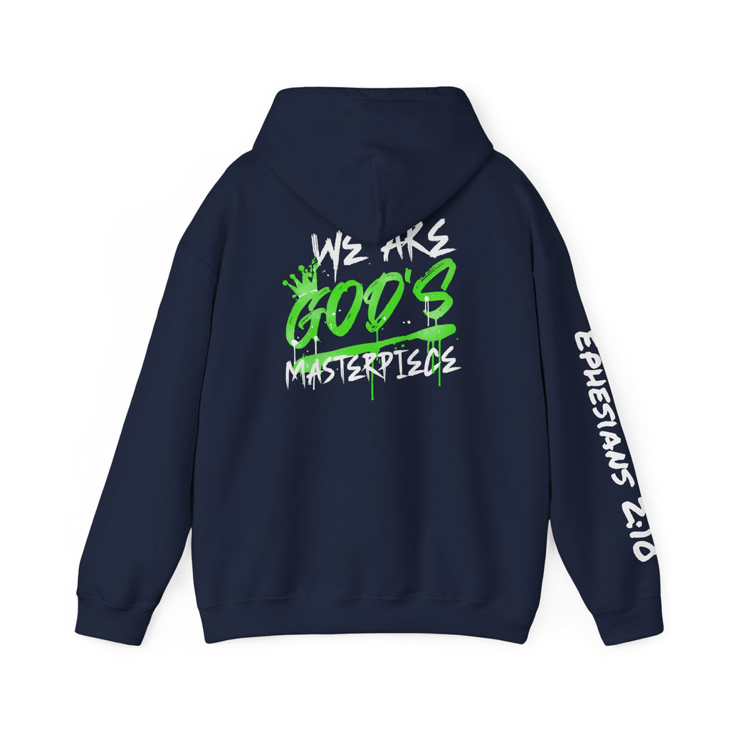 Hoodie — White 'God's' Neon Green Graffiti & Witty Worthy Chest Logo