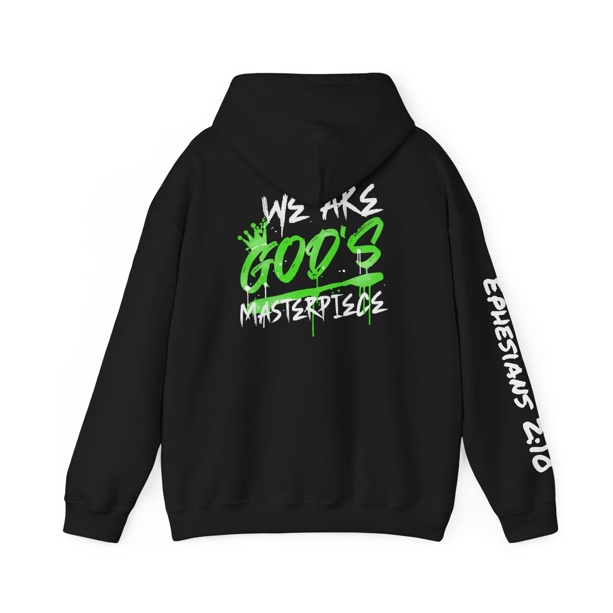 Hoodie — White 'God's' Neon Green Graffiti & Witty Worthy Chest Logo