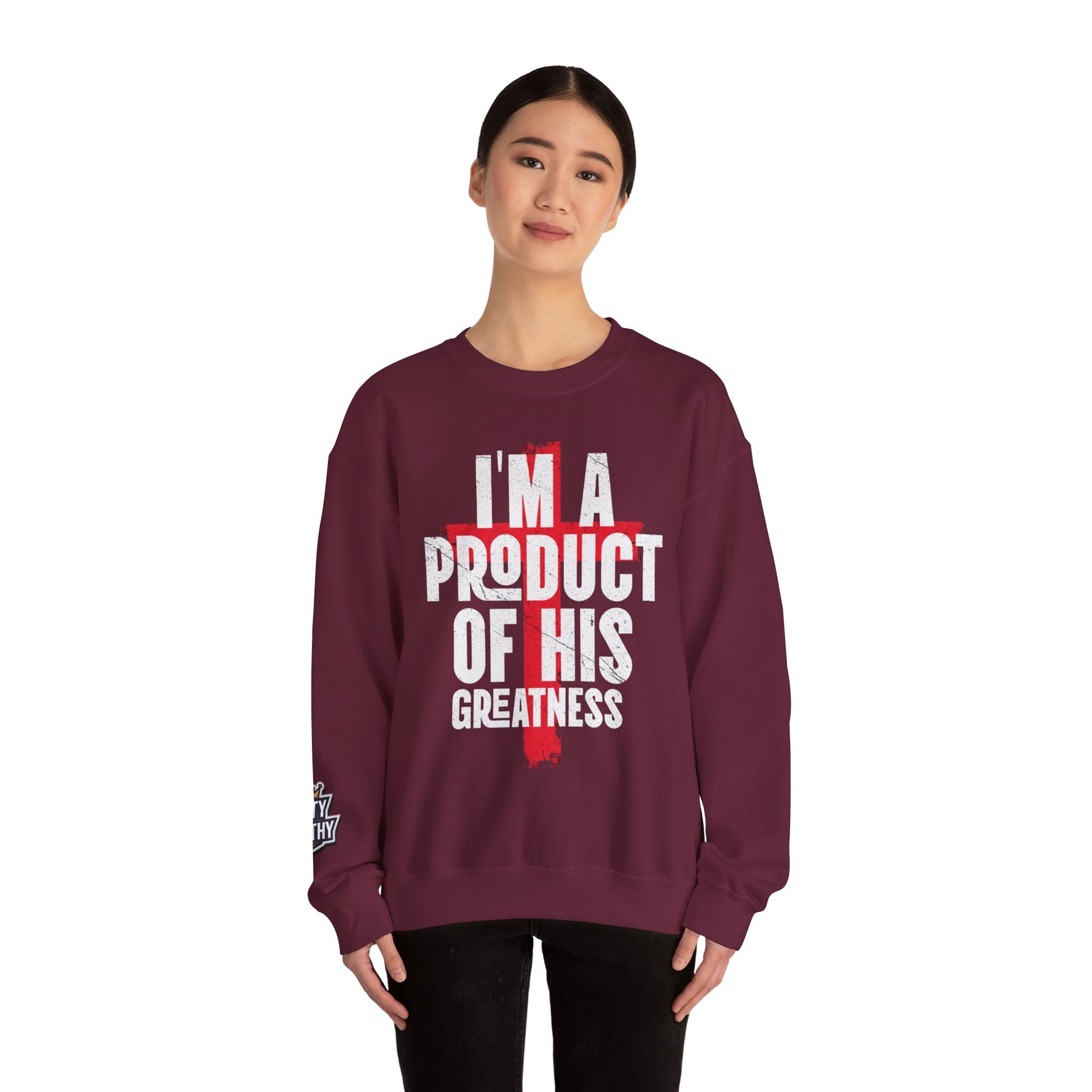 Christian Crewneck Sweatshirt - "I'm A Product Of His Greatness" Cross Design