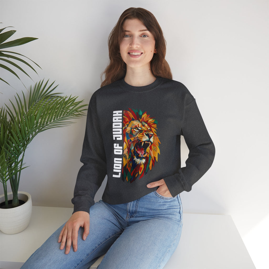 Lion of Judah Crewneck Sweatshirt — Colorful Roaring Lion Faith Graphic