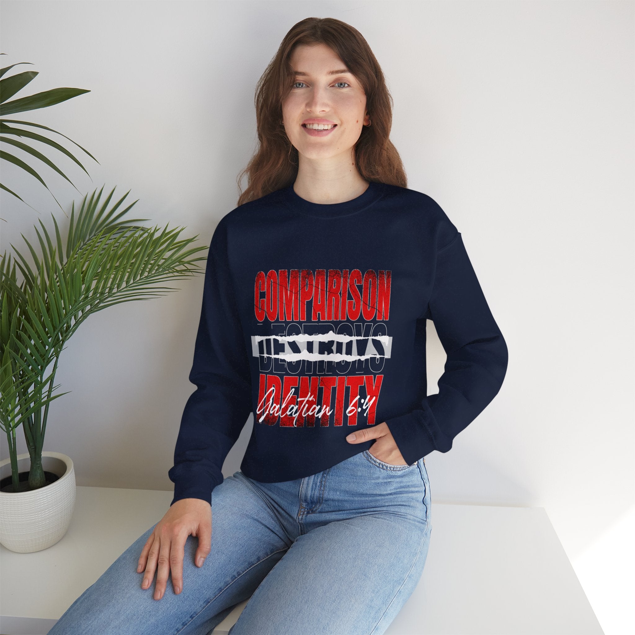 Crewneck Sweatshirt — "Comparison Destroys Identity" Graphic Pullover