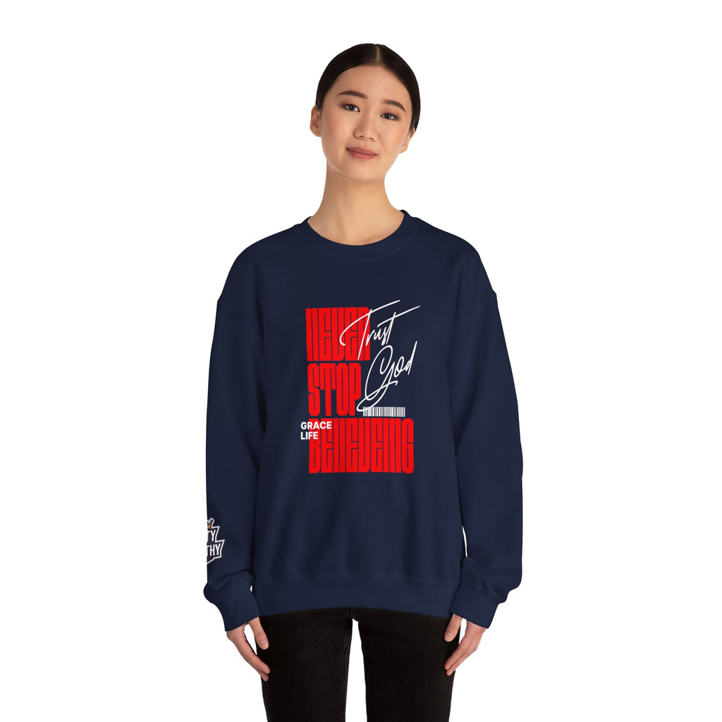 Crewneck Sweatshirt — "Never Stop Believing" Retro Vertical Typography