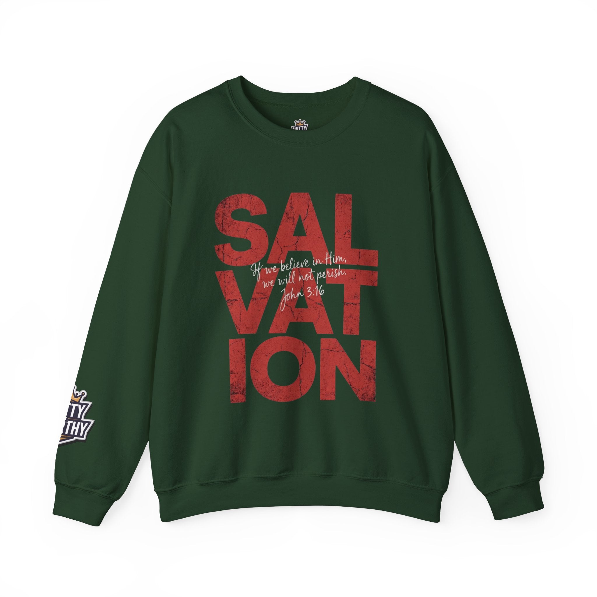 Salvation Graphic Sweatshirt — Distressed Red Text Crewneck