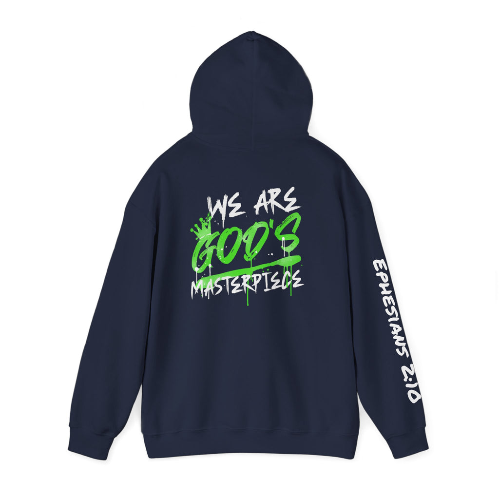 Hoodie — White 'God's' Neon Green Graffiti & Witty Worthy Chest Logo