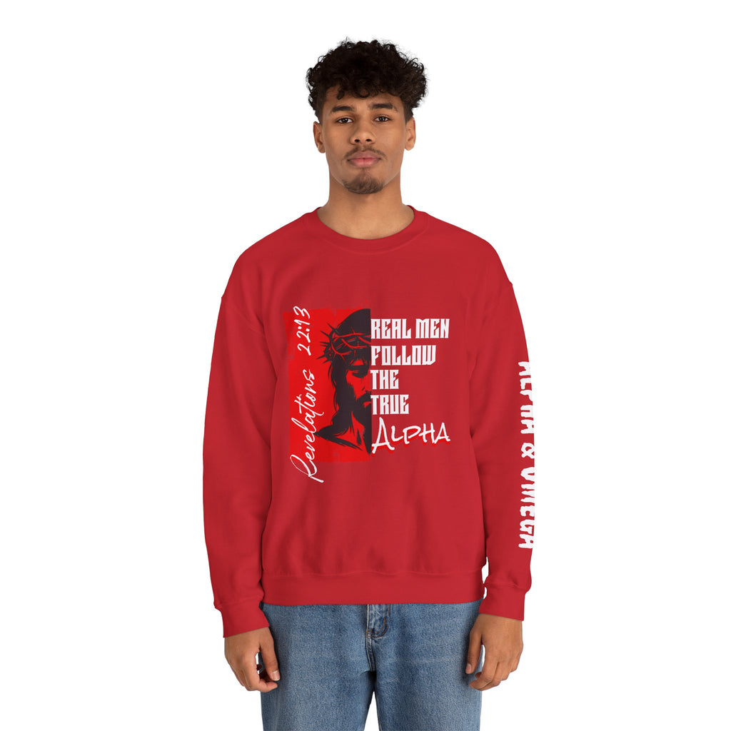 Crewneck Sweatshirt — “Real Men Follow the True Alpha” Graphic Pullover