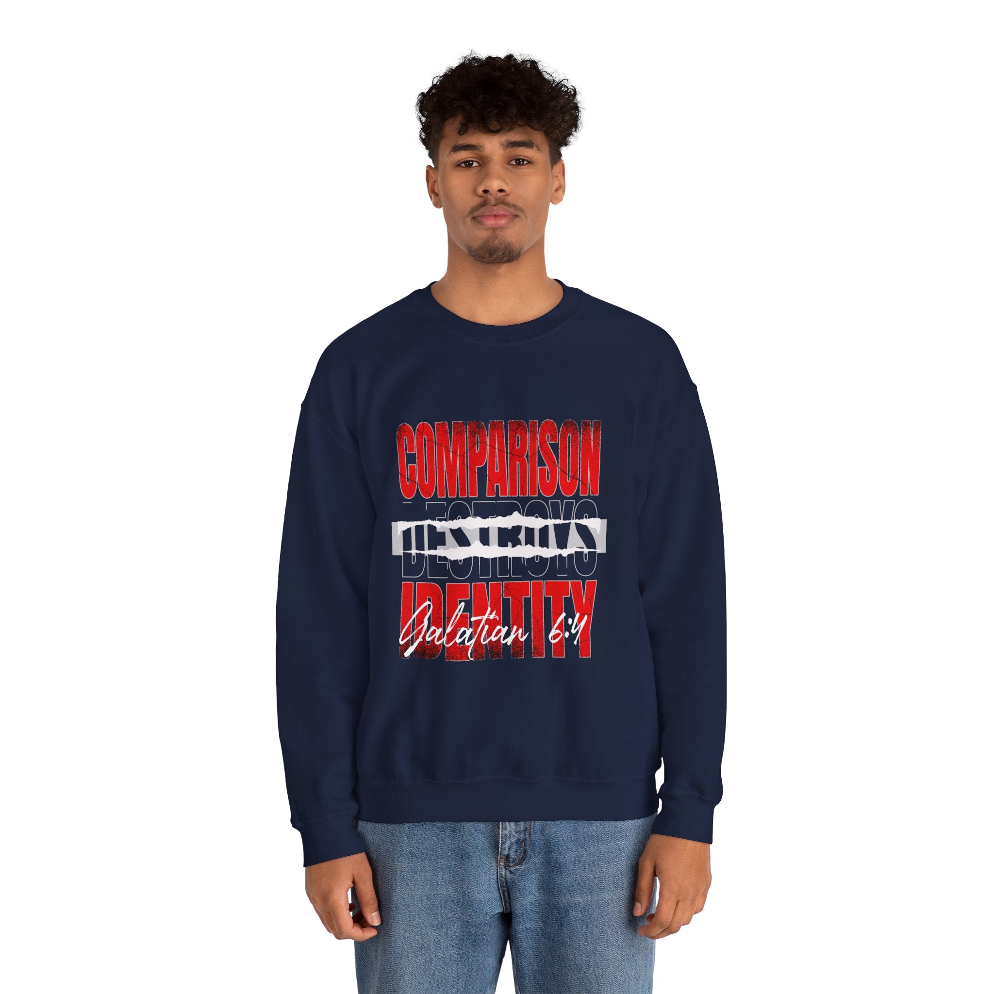 Crewneck Sweatshirt — "Comparison Destroys Identity" Graphic Pullover
