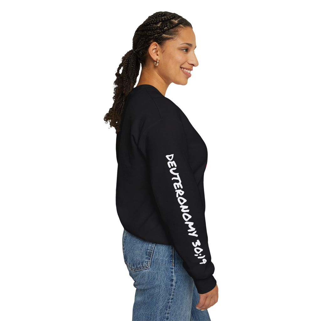 Crewneck Sweatshirt — "Death or Life" Design with Red "Choose Life" Script