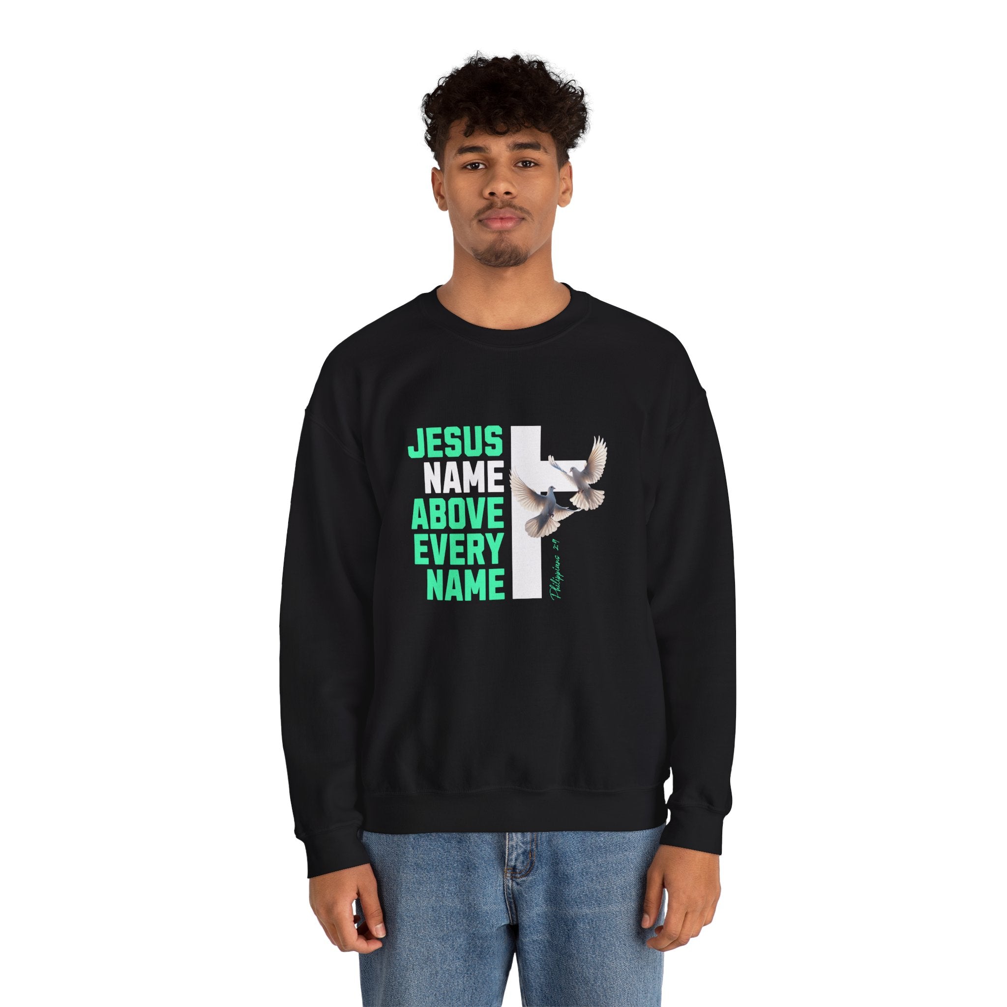 Jesus Name Above Every Name Sweatshirt — Christian Cross & Dove Crewneck