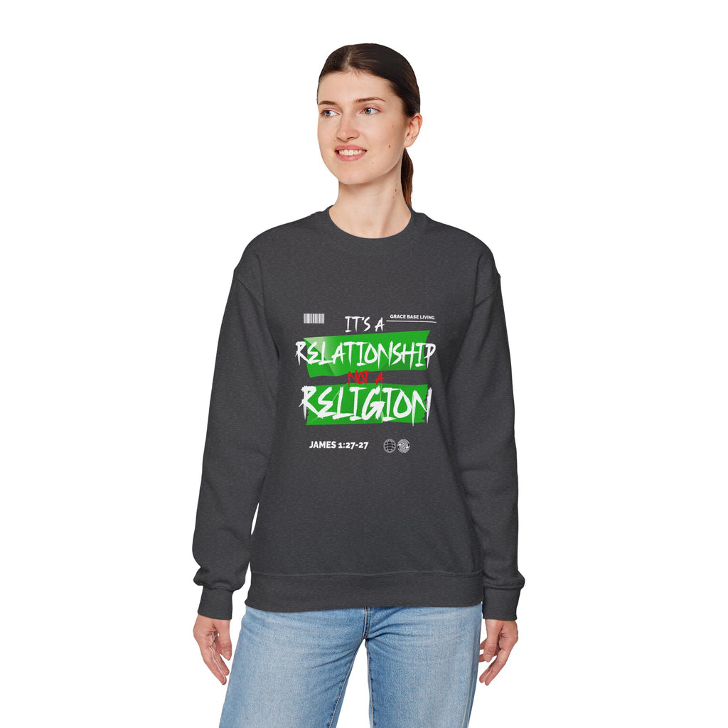 Crewneck Sweatshirt — "It's a Relationship Not a Religion" Christian Faith Graphic