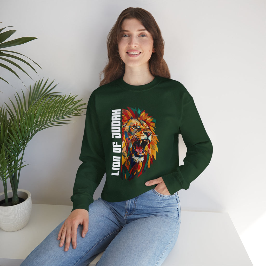 Lion of Judah Crewneck Sweatshirt — Colorful Roaring Lion Faith Graphic