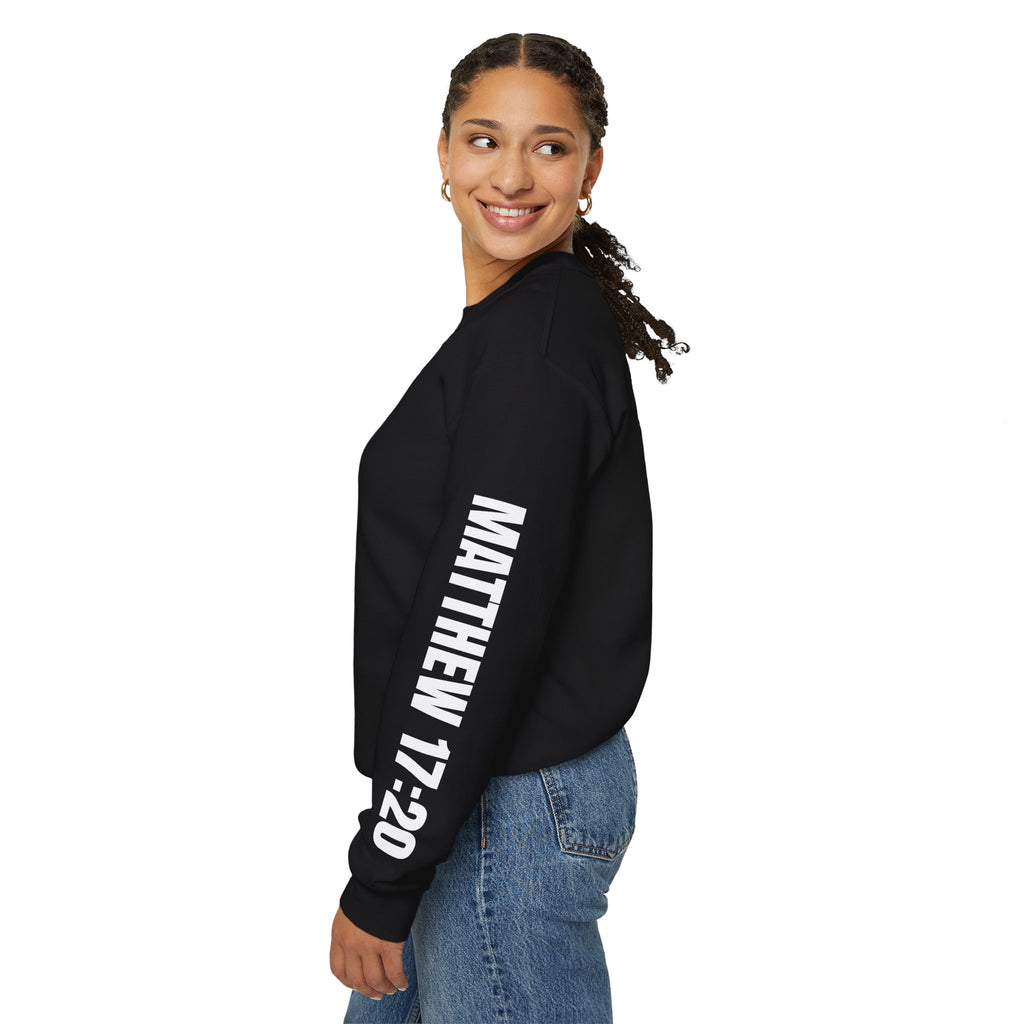 Crewneck Sweatshirt "Faith Moves Mountains" Mountain Graphic — Matthew 17:20 Christian Pullover