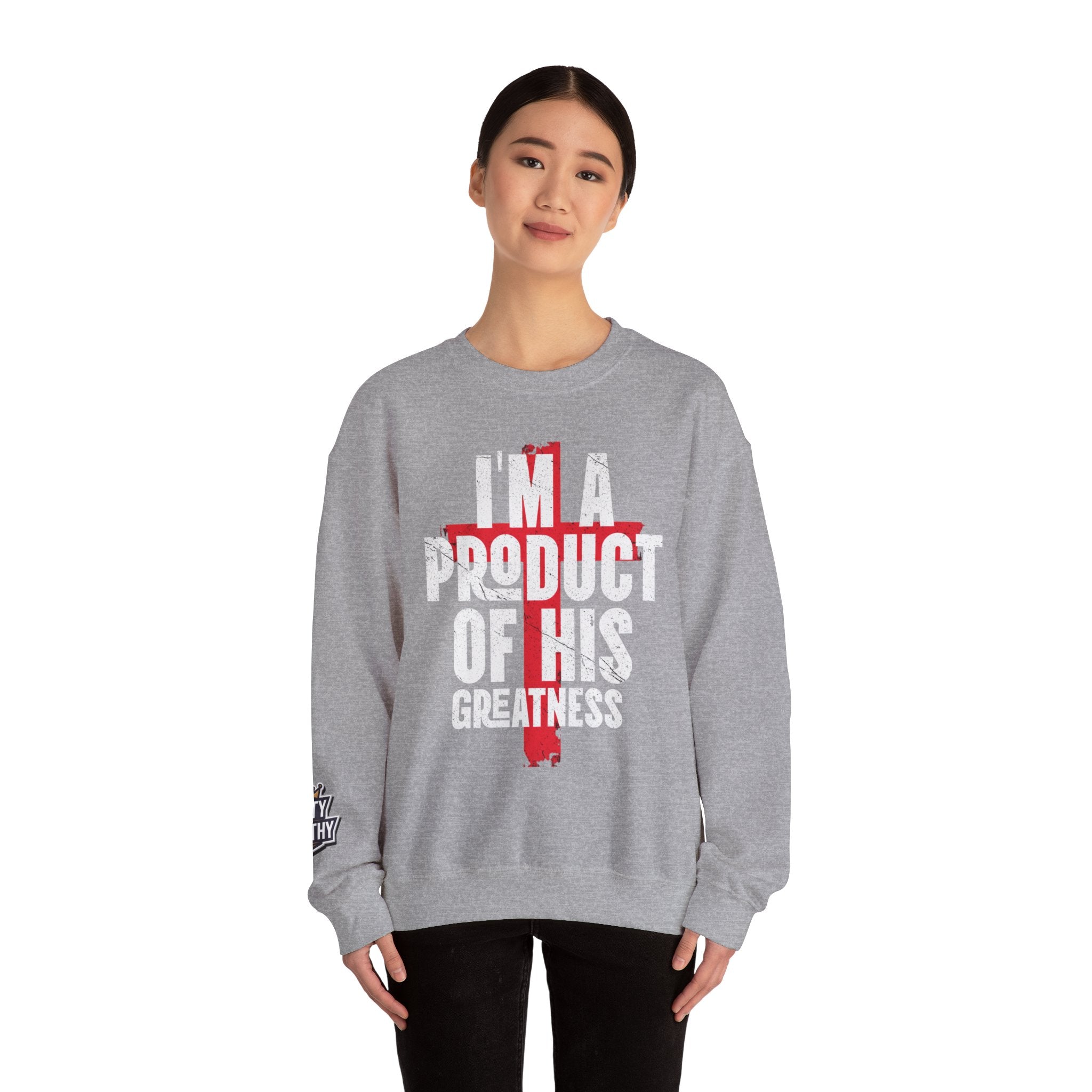 Christian Crewneck Sweatshirt - "I'm A Product Of His Greatness" Cross Design