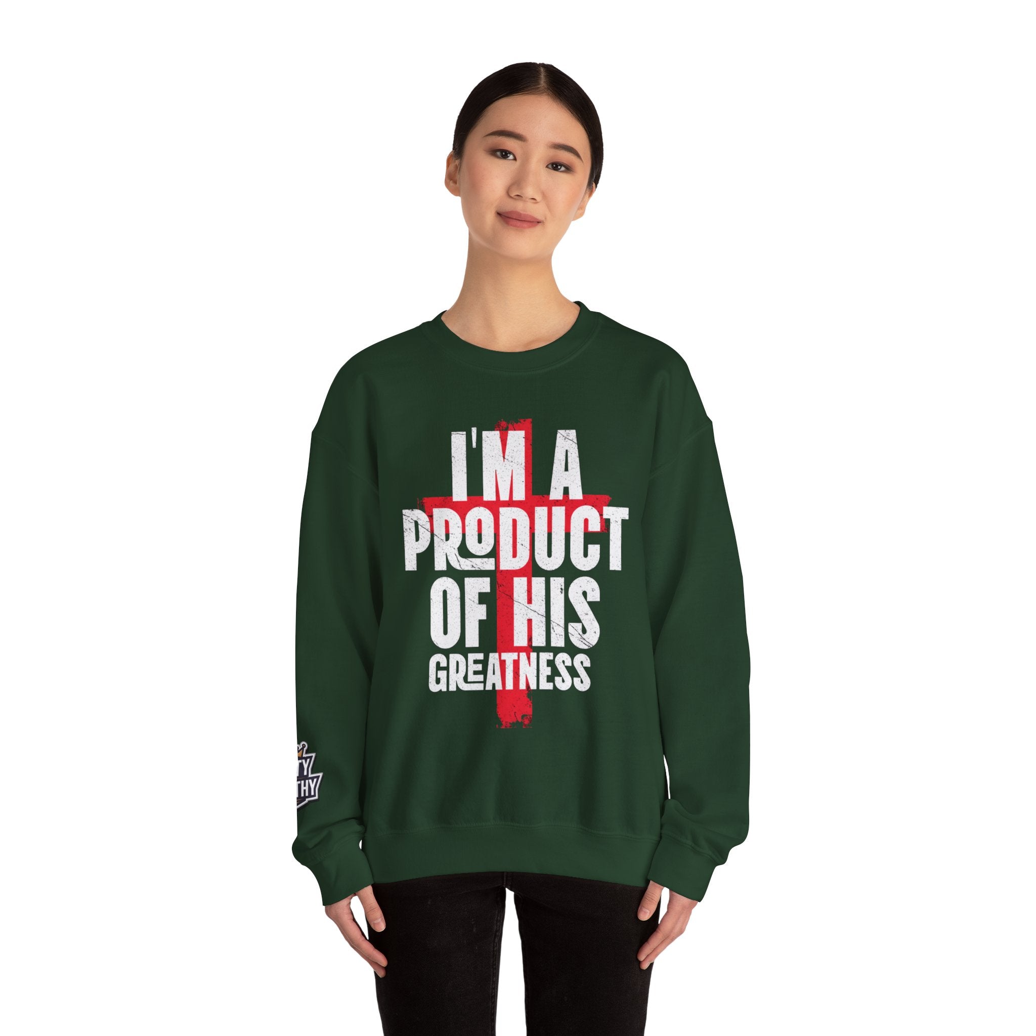 Christian Crewneck Sweatshirt - "I'm A Product Of His Greatness" Cross Design