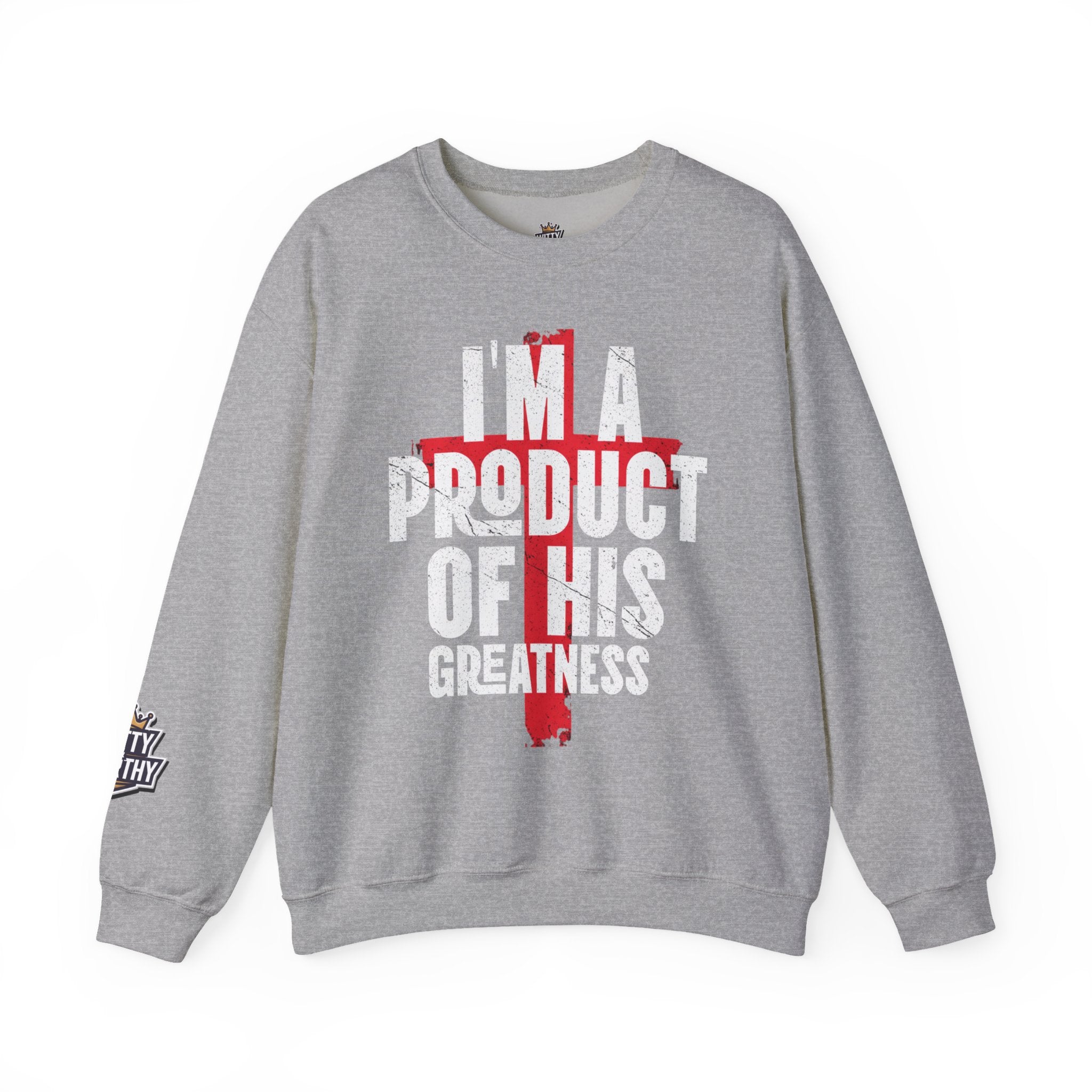 Christian Crewneck Sweatshirt - "I'm A Product Of His Greatness" Cross Design