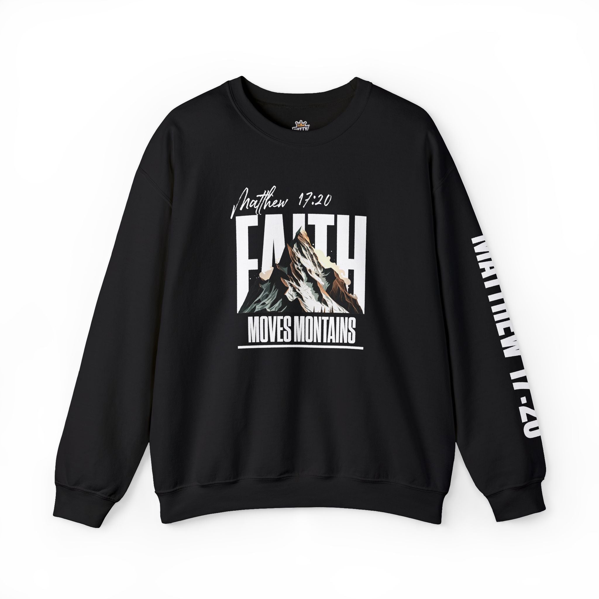 Crewneck Sweatshirt "Faith Moves Mountains" Mountain Graphic — Matthew 17:20 Christian Pullover