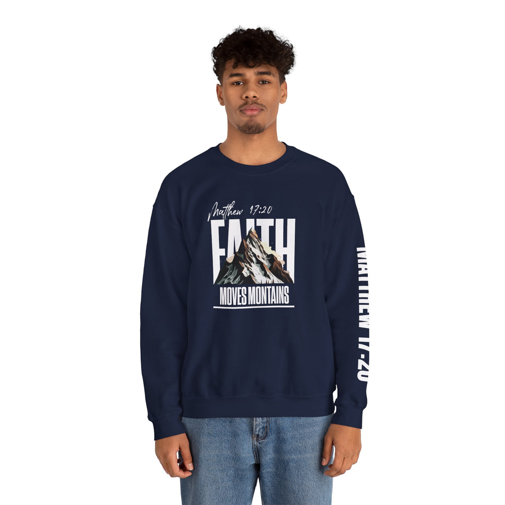 Crewneck Sweatshirt "Faith Moves Mountains" Mountain Graphic — Matthew 17:20 Christian Pullover