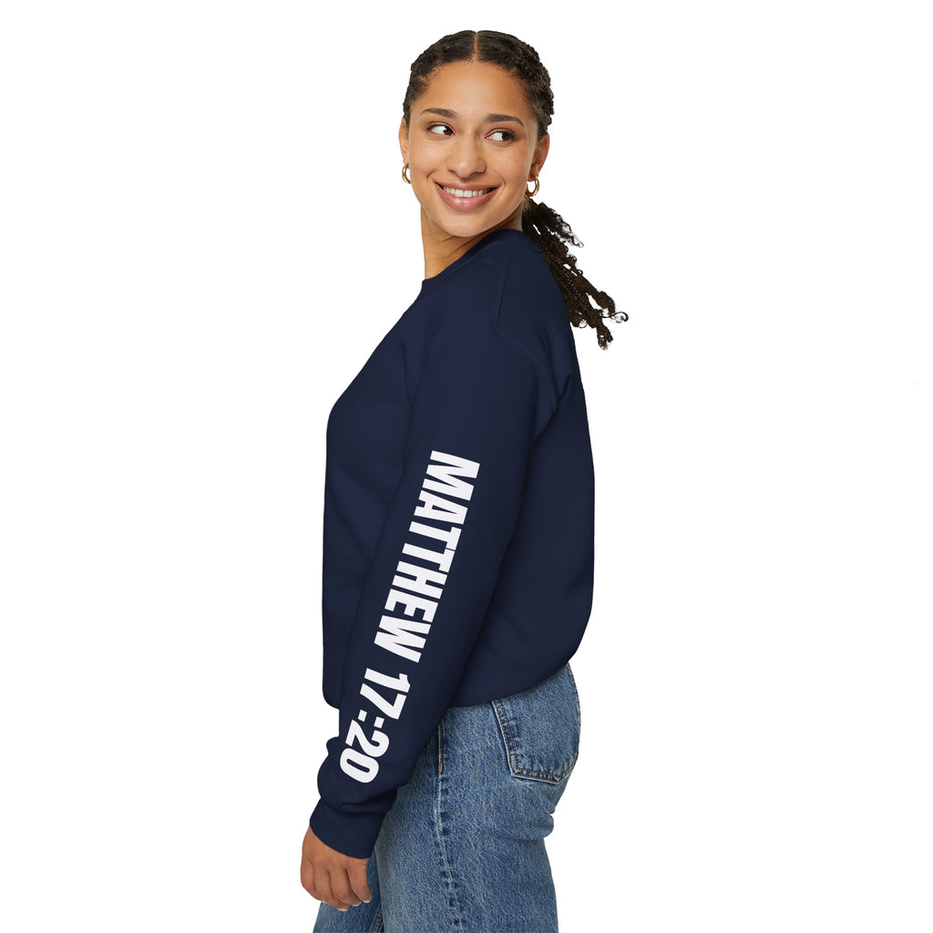 Crewneck Sweatshirt "Faith Moves Mountains" Mountain Graphic — Matthew 17:20 Christian Pullover