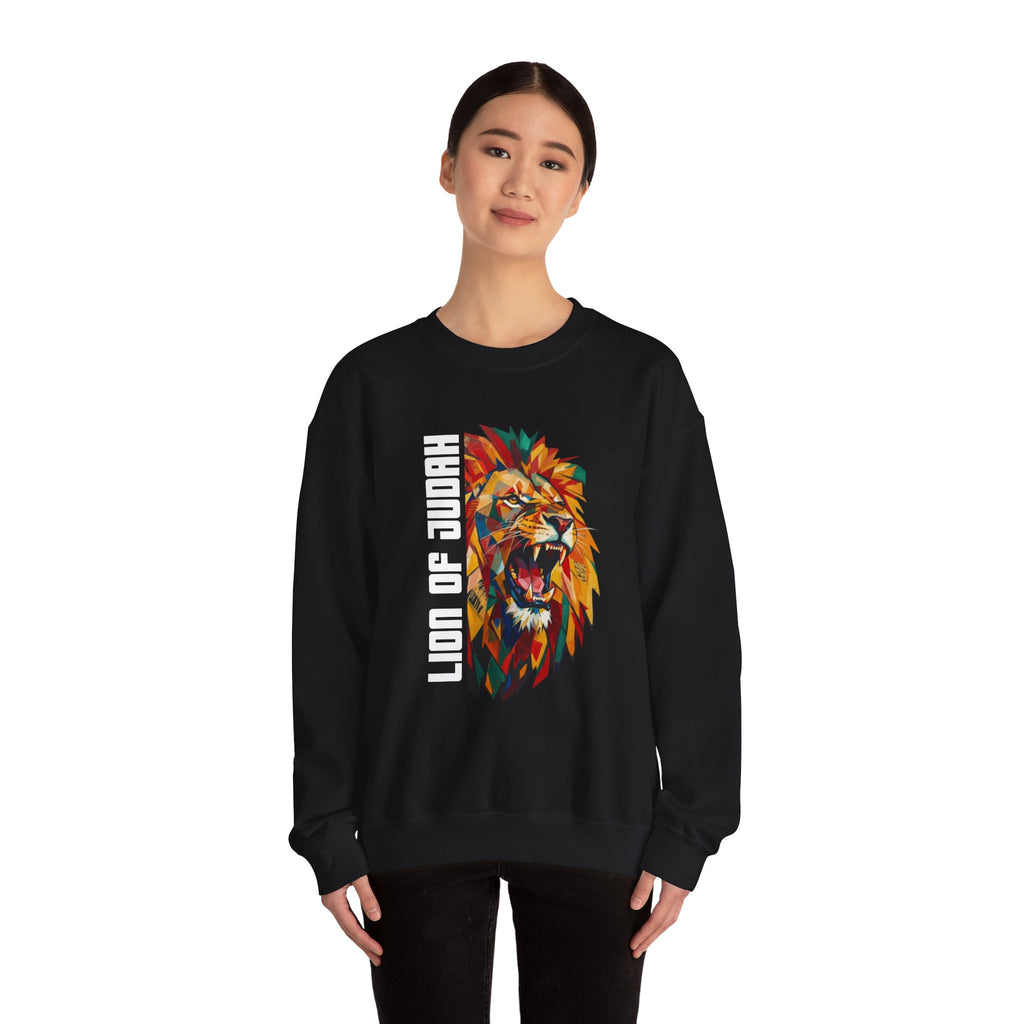 Lion of Judah Crewneck Sweatshirt — Colorful Roaring Lion Faith Graphic