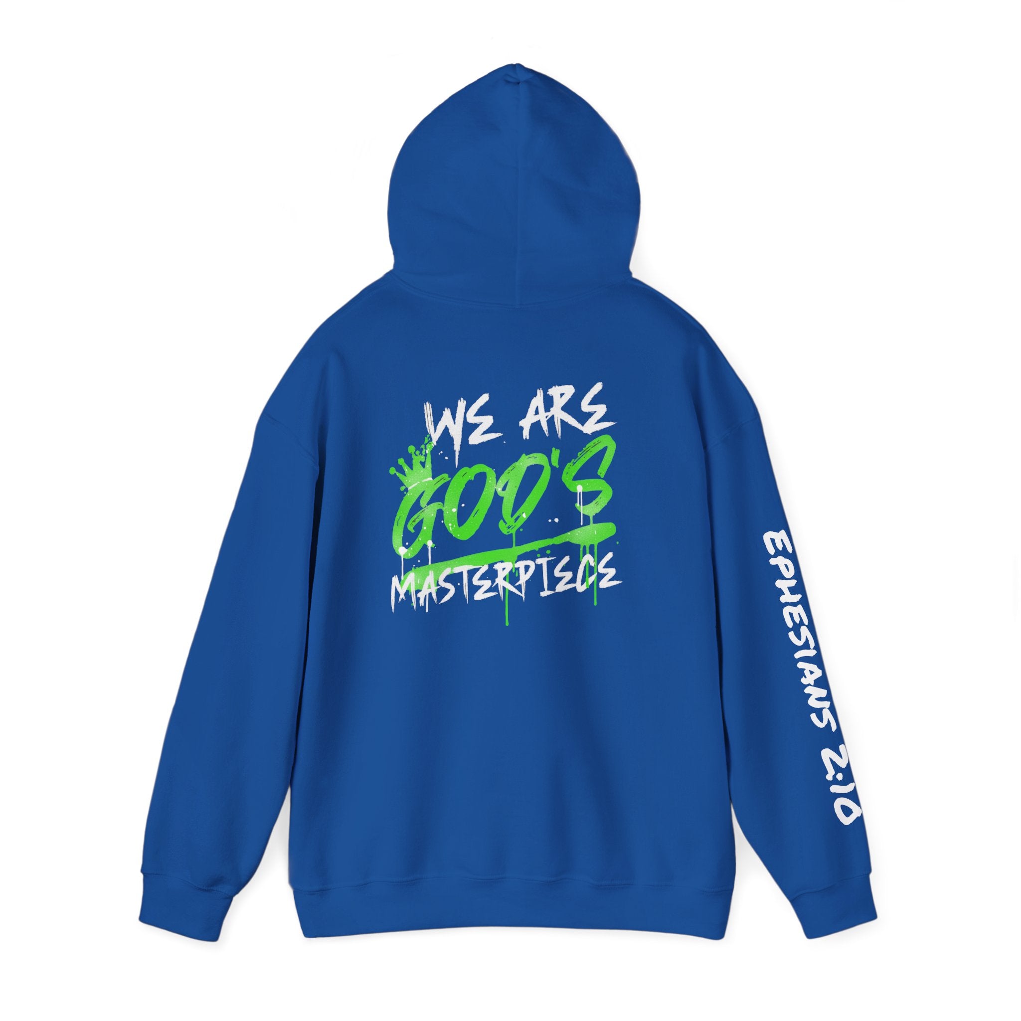 Hoodie — White 'God's' Neon Green Graffiti & Witty Worthy Chest Logo