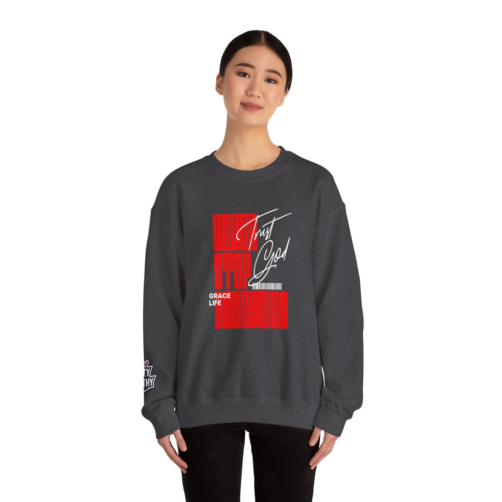 Crewneck Sweatshirt — "Never Stop Believing" Retro Vertical Typography