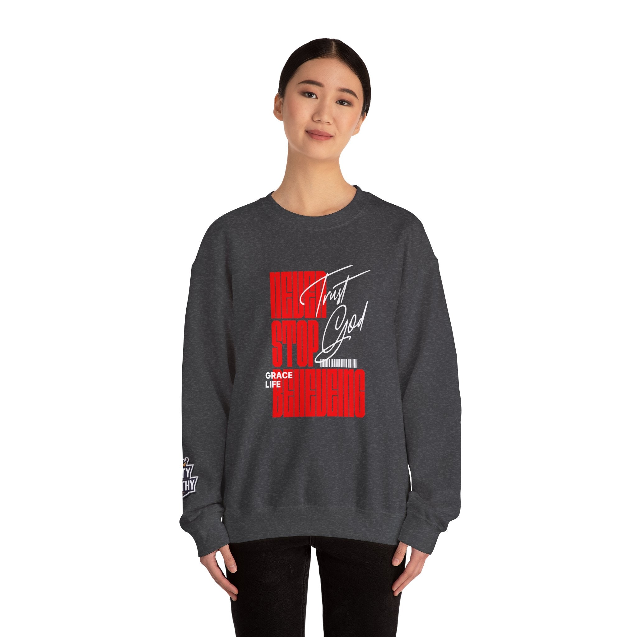 Crewneck Sweatshirt — "Never Stop Believing" Retro Vertical Typography