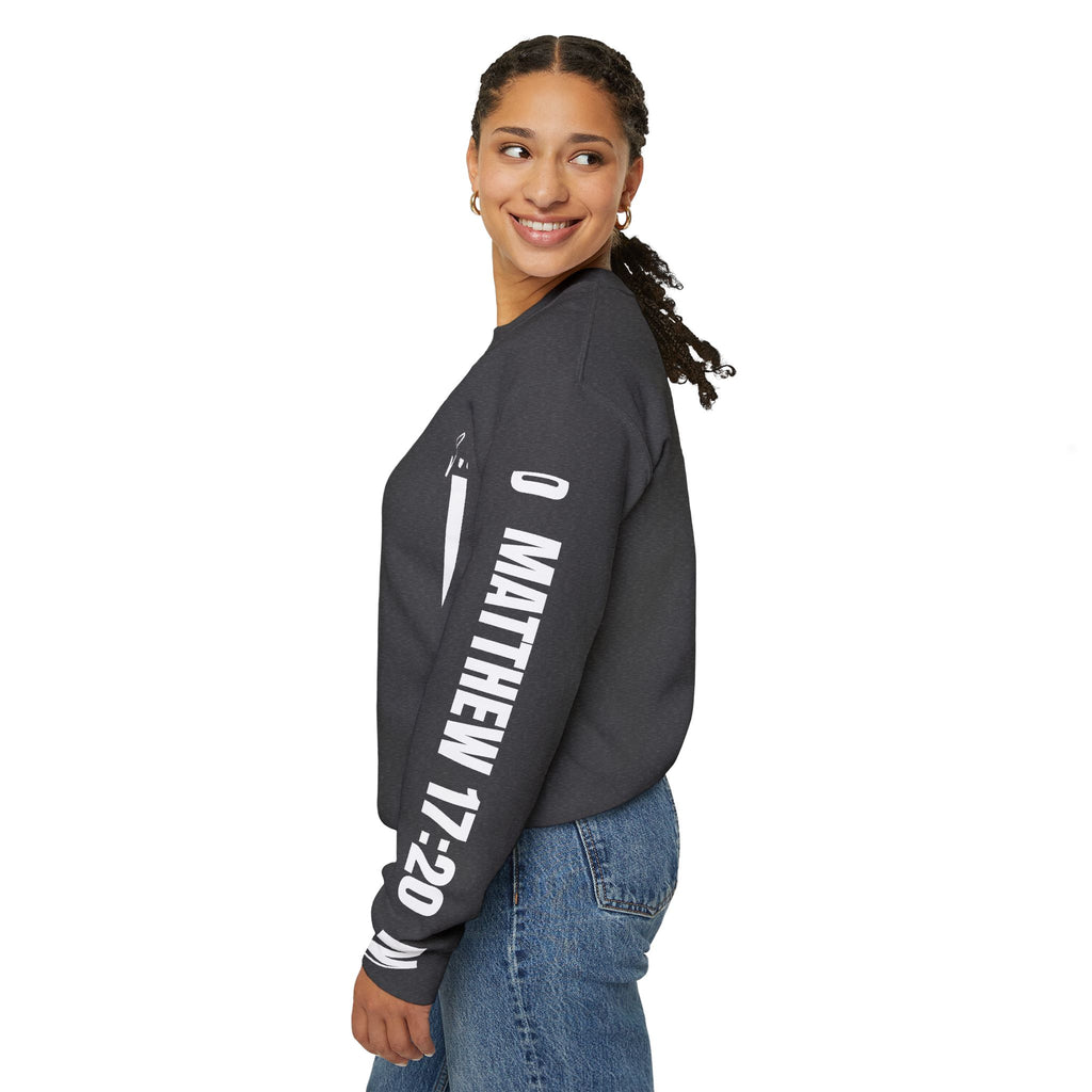 Crewneck Sweatshirt "Faith Moves Mountains" Mountain Graphic — Matthew 17:20 Christian Pullover