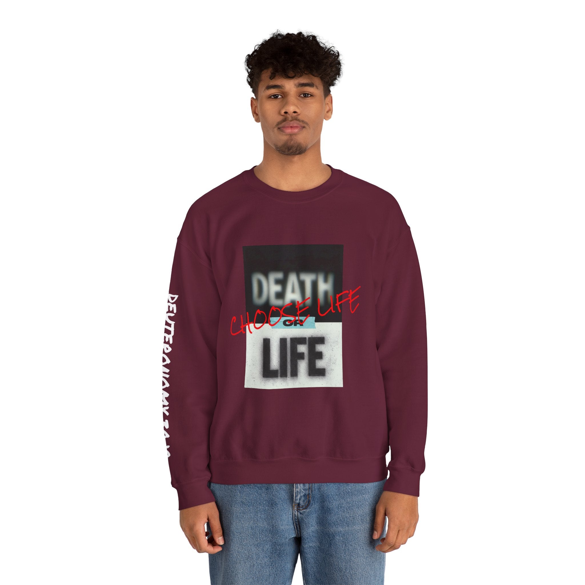 Crewneck Sweatshirt — "Death or Life" Design with Red "Choose Life" Script