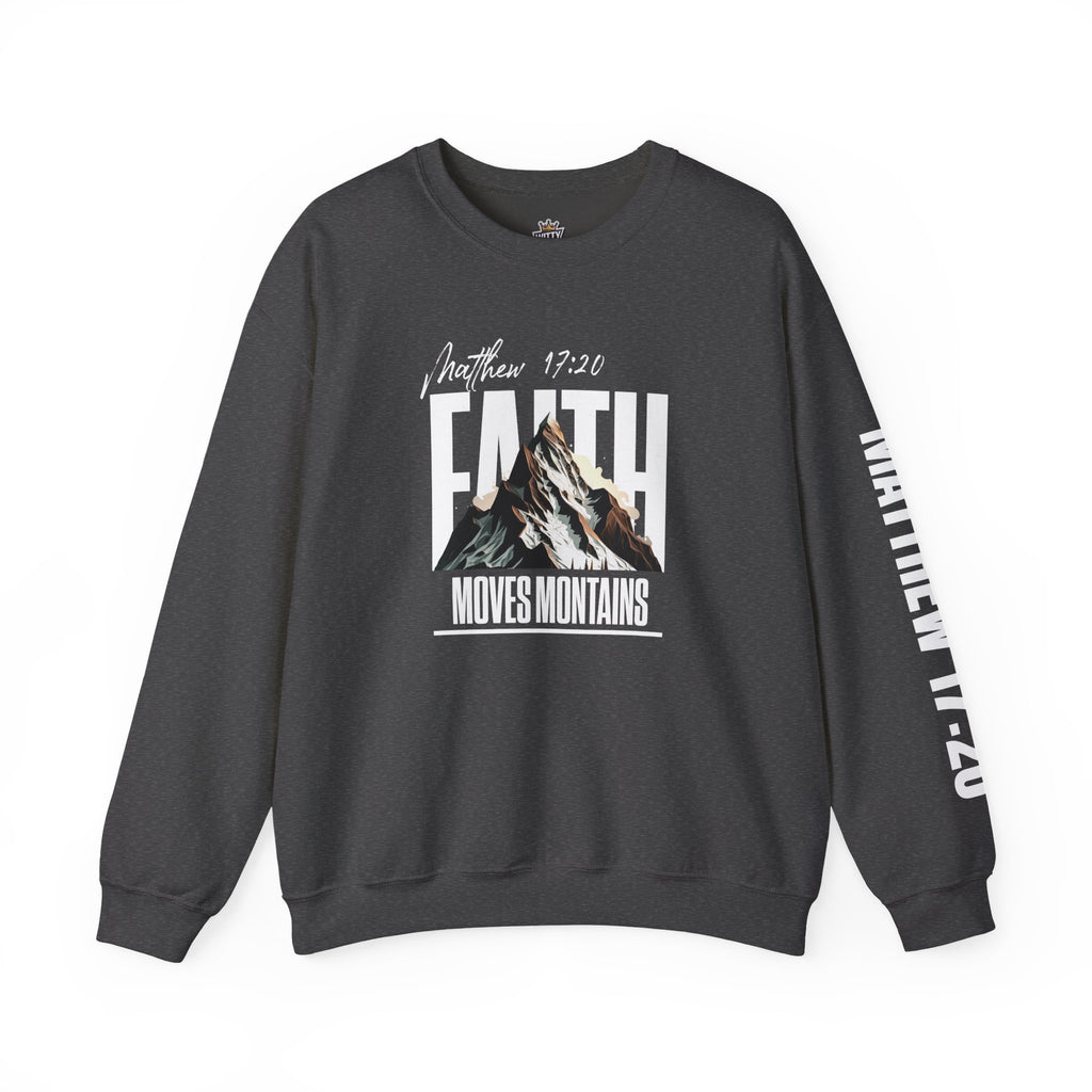 Crewneck Sweatshirt "Faith Moves Mountains" Mountain Graphic — Matthew 17:20 Christian Pullover