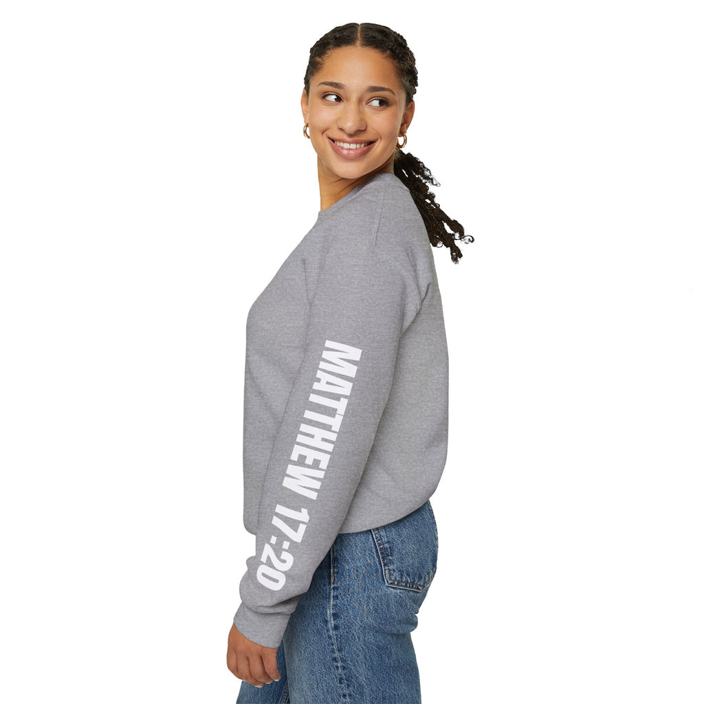 Crewneck Sweatshirt "Faith Moves Mountains" Mountain Graphic — Matthew 17:20 Christian Pullover