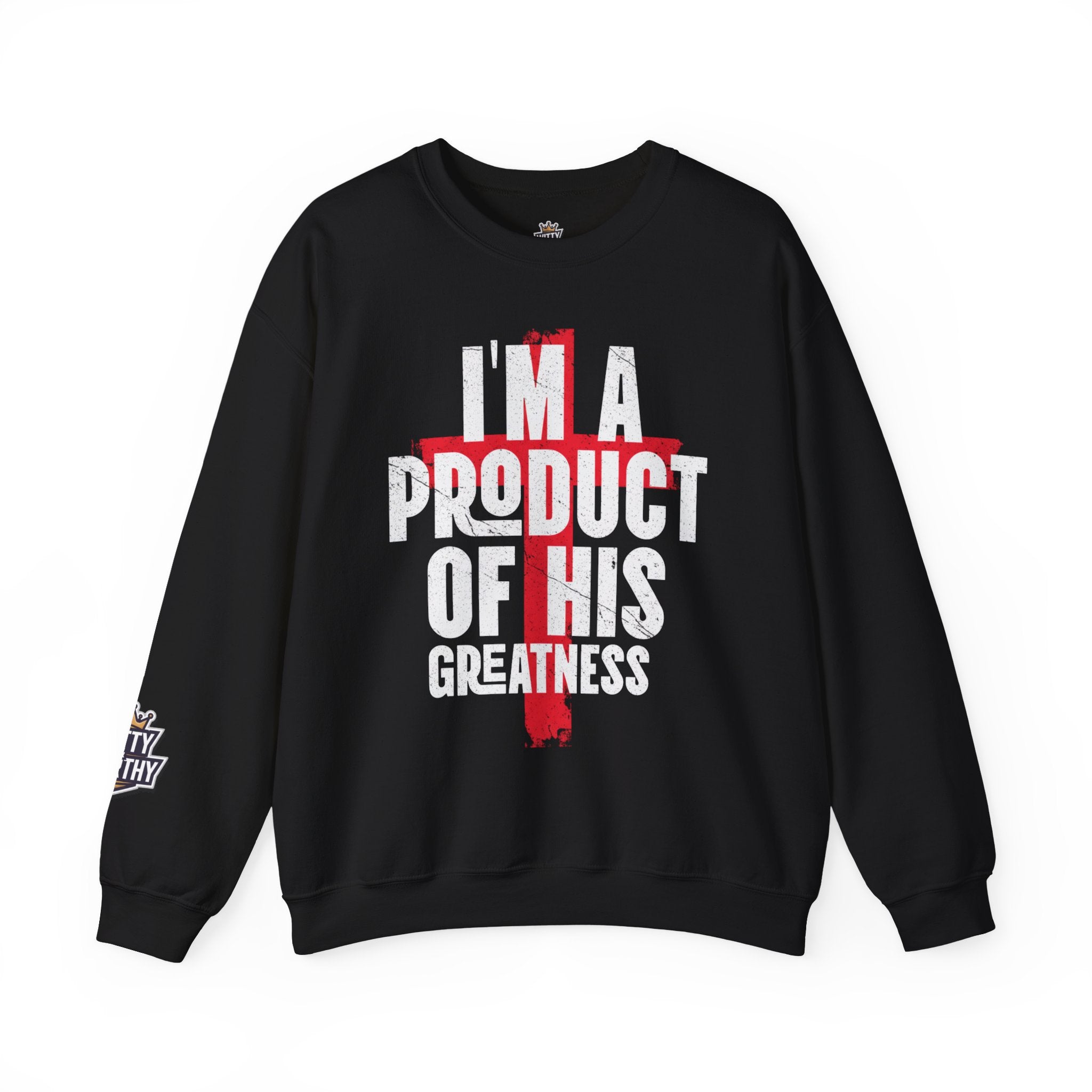 Christian Crewneck Sweatshirt - "I'm A Product Of His Greatness" Cross Design