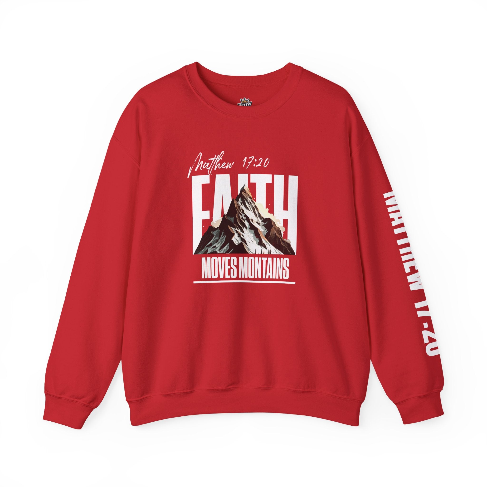 Crewneck Sweatshirt "Faith Moves Mountains" Mountain Graphic — Matthew 17:20 Christian Pullover