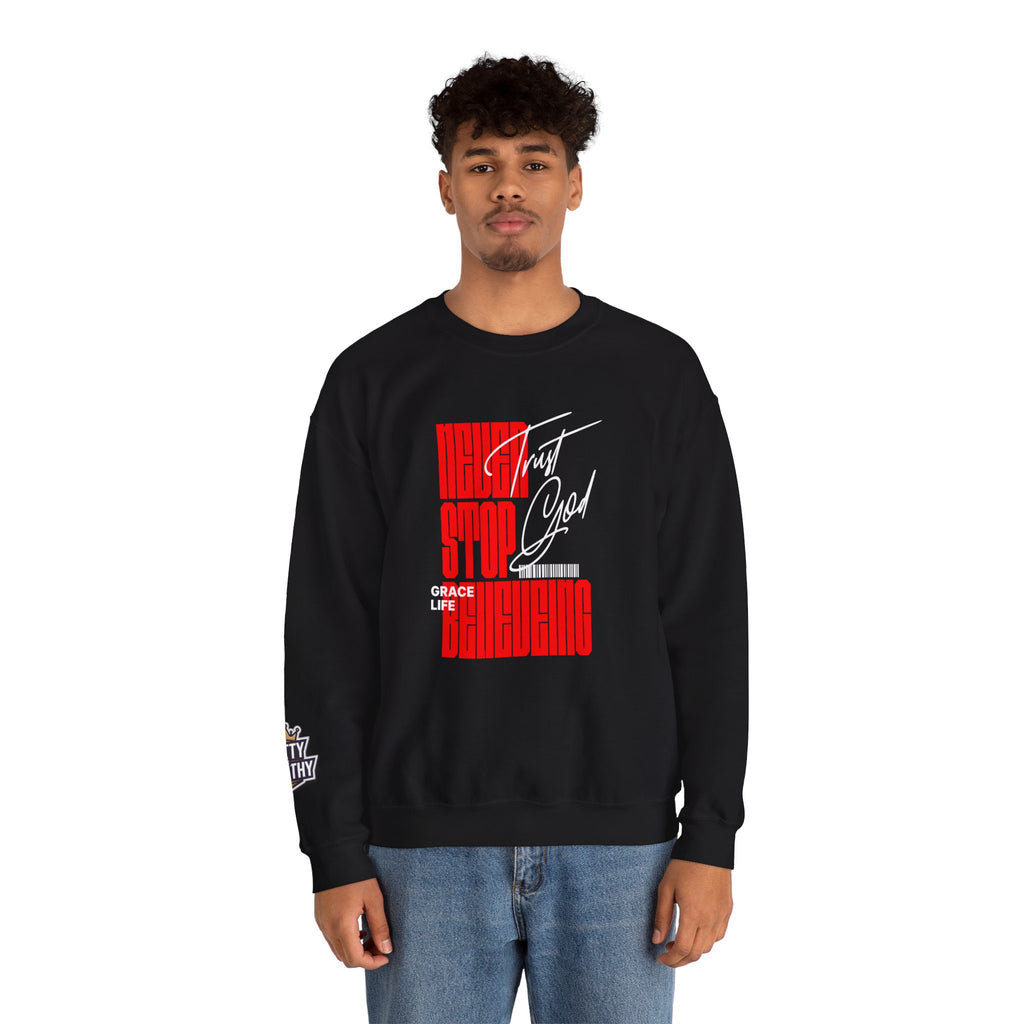 Crewneck Sweatshirt — "Never Stop Believing" Retro Vertical Typography