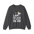 Christian Lion Sweatshirt – “I Am Because Of What He Did” Faith Crewneck