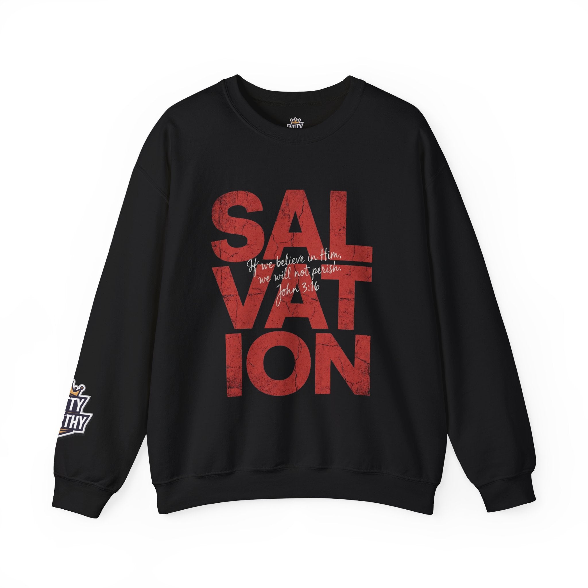 Salvation Graphic Sweatshirt — Distressed Red Text Crewneck