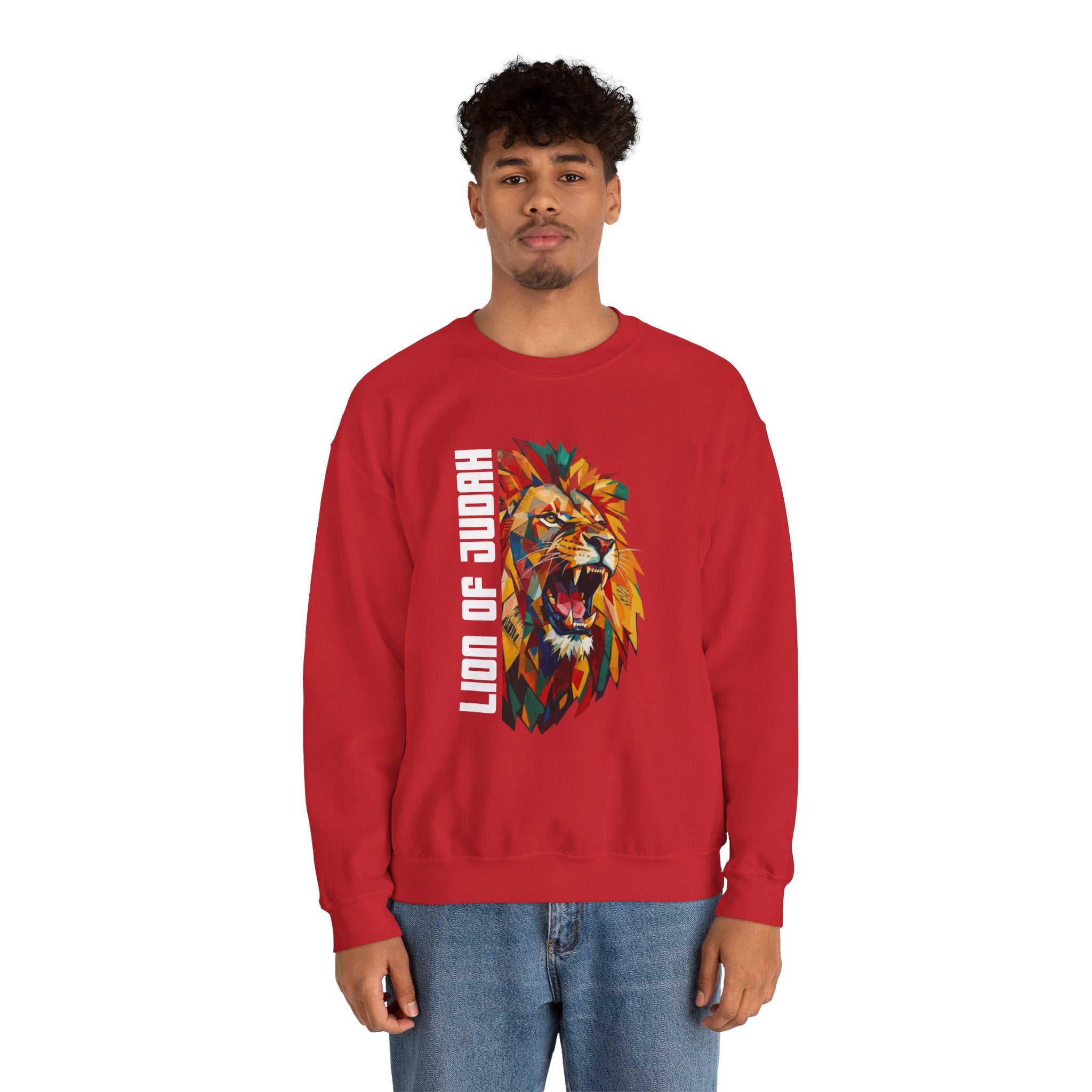 Lion of Judah Crewneck Sweatshirt — Colorful Roaring Lion Faith Graphic