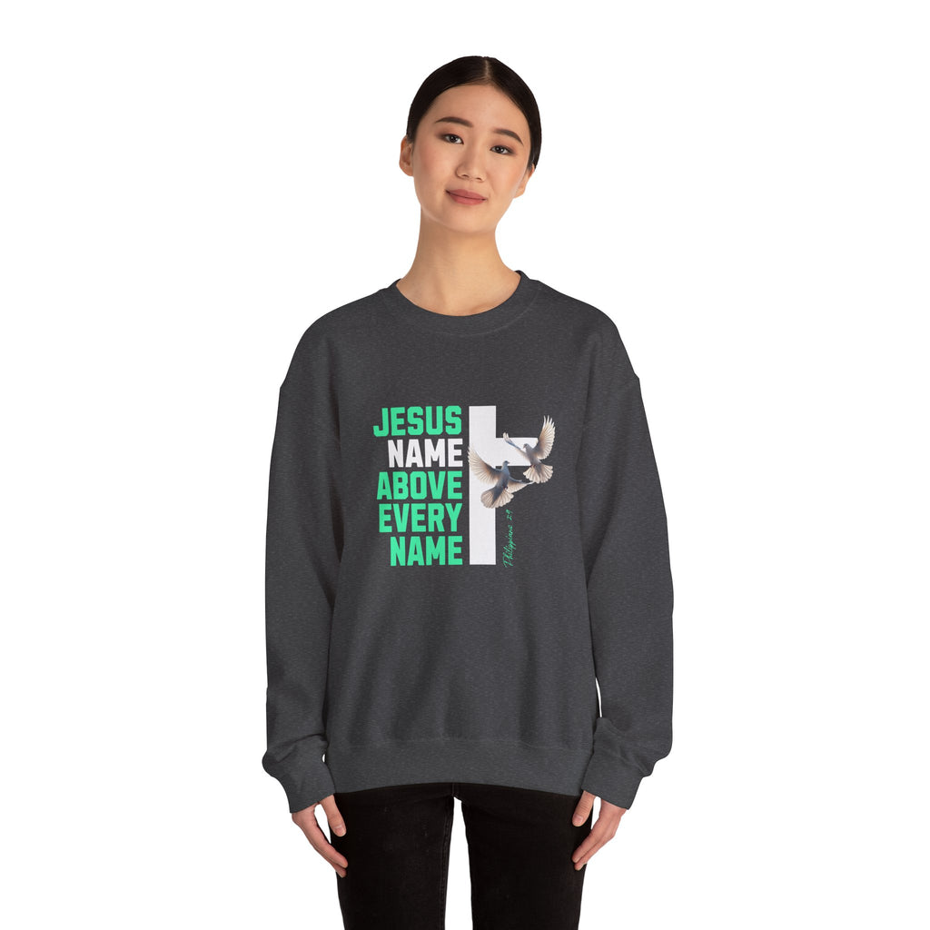 Jesus Name Above Every Name Sweatshirt — Christian Cross & Dove Crewneck