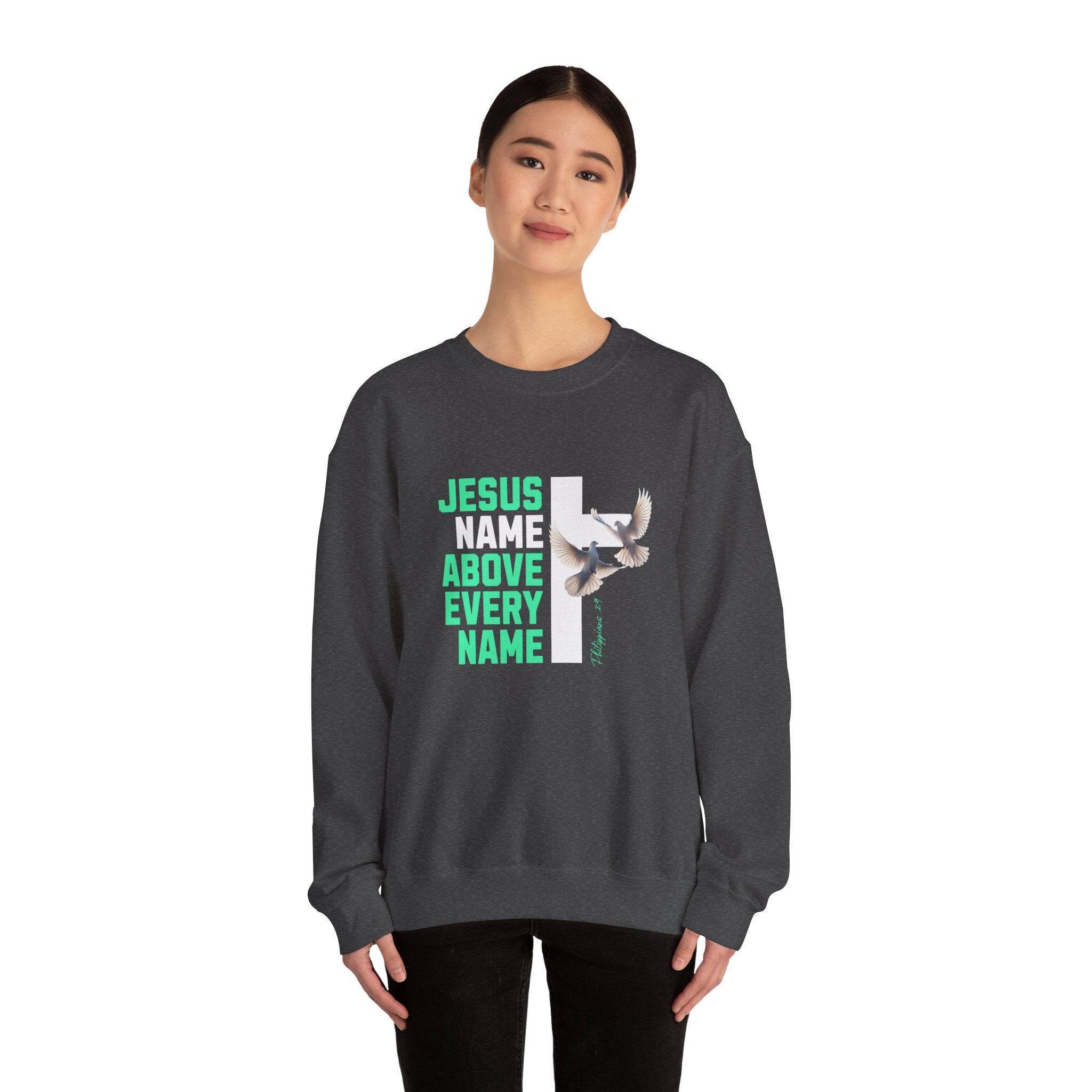 Jesus Name Above Every Name Sweatshirt — Christian Cross & Dove Crewneck